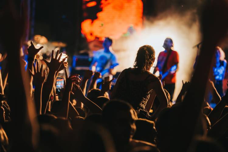 fans at an outdoor concert at night